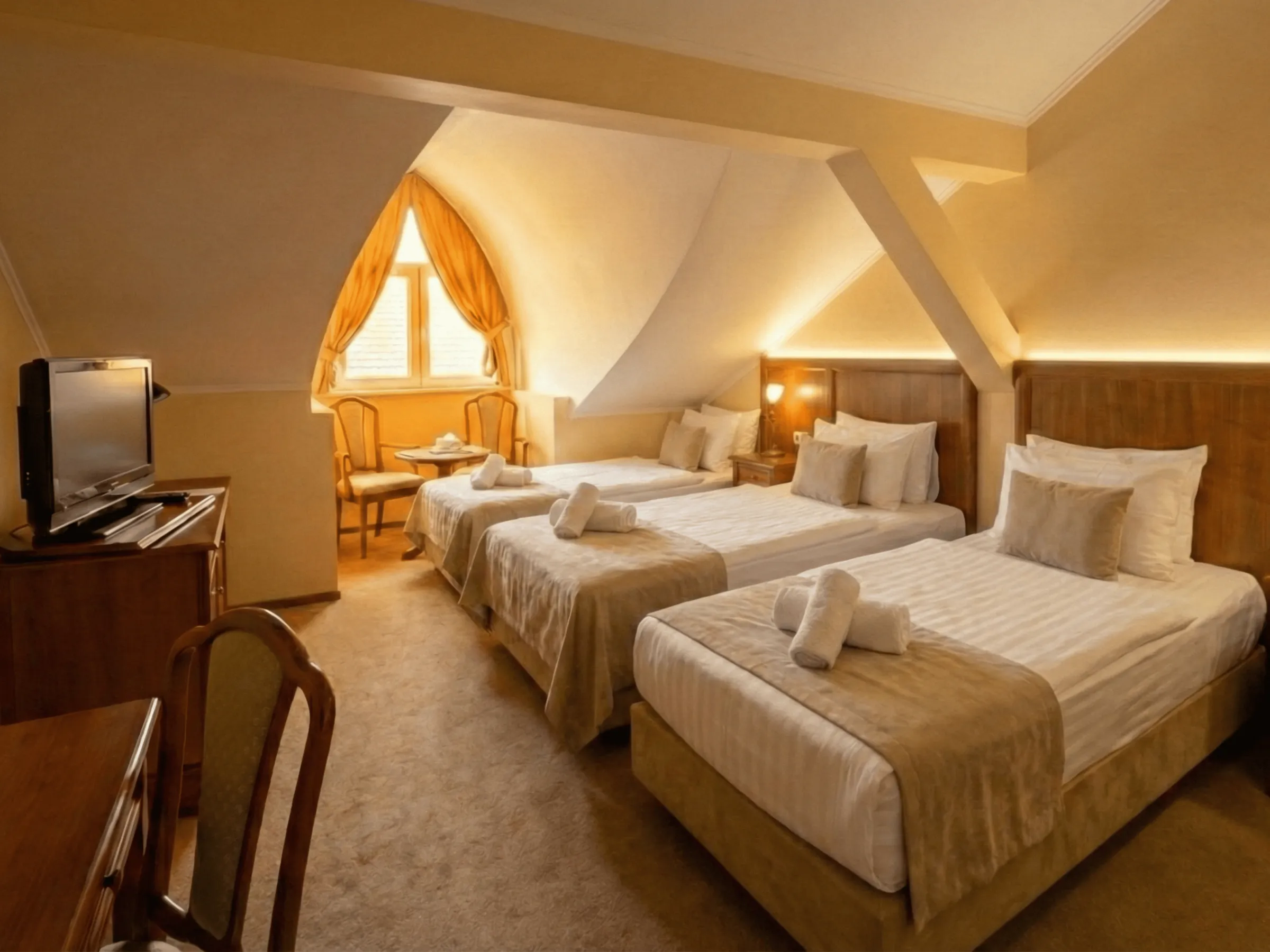 Cozy hotel room with warm lighting.